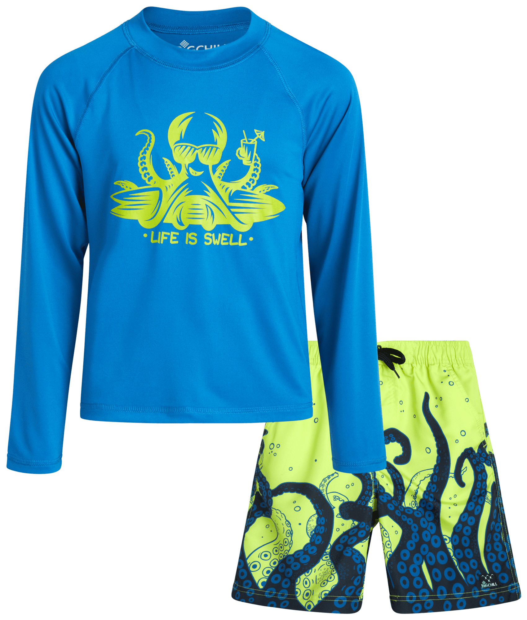 Big Chill Boys' Rash Guard Set 2 Piece UPF 50+ Swim Trunks and Long