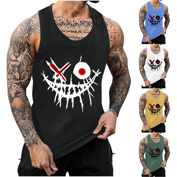 ZRGHAOYLQ Mens Big and Tall Athletic Tank Tops Fashion Smiley Face Printed Y Back Tanks Thin Strap Breathable Fitness Running Tshirts Lightweight Workout Muscle Shirts