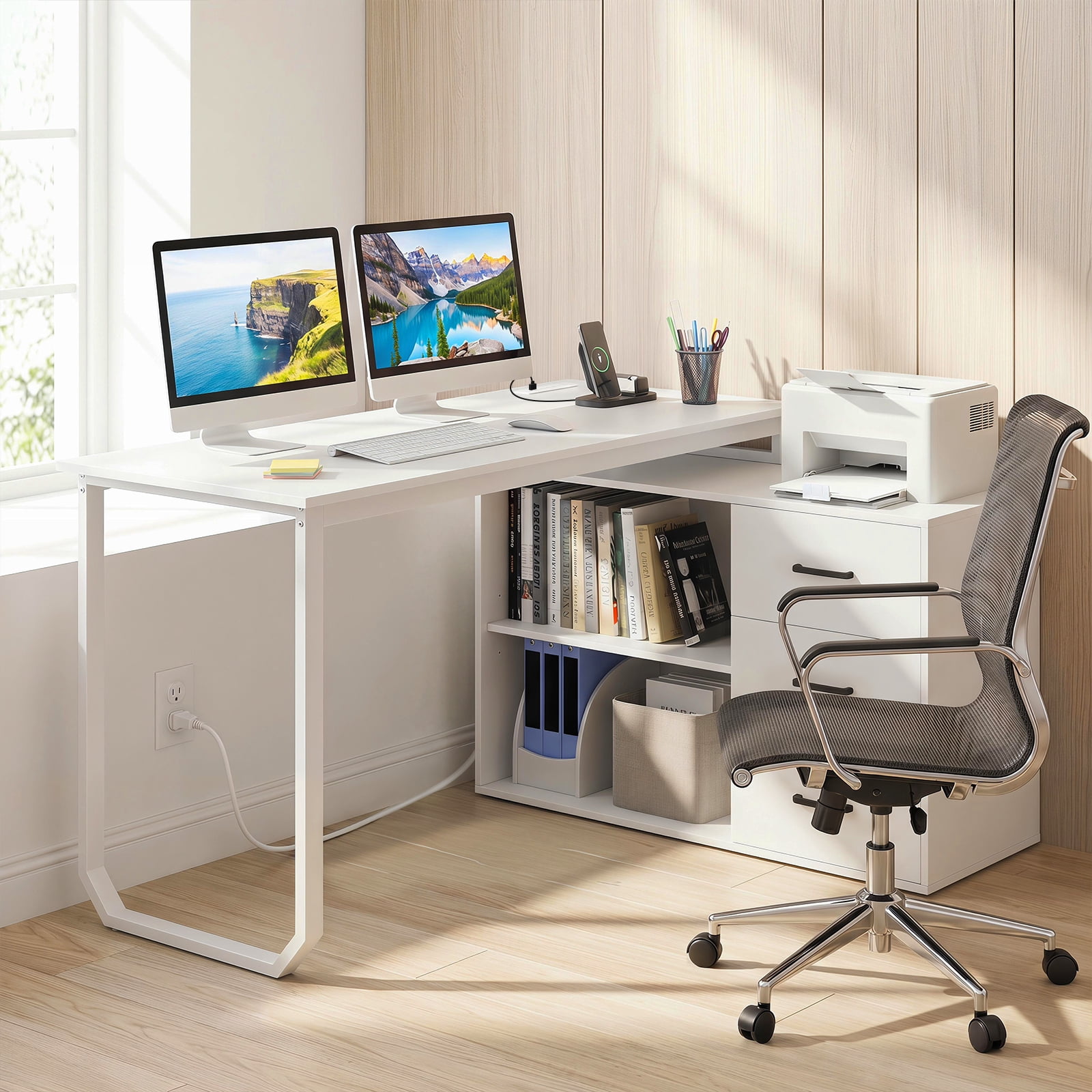 Costway L-Shaped Desk with Power Outlet 55" Reversible Computer Desk with 3 Drawers White