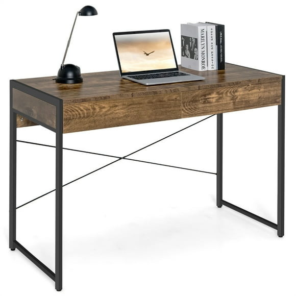 Costway Escritorio para Oficina Mesa con 2 Cajones y Estructura en Acero 112 x 48 x 76 cm