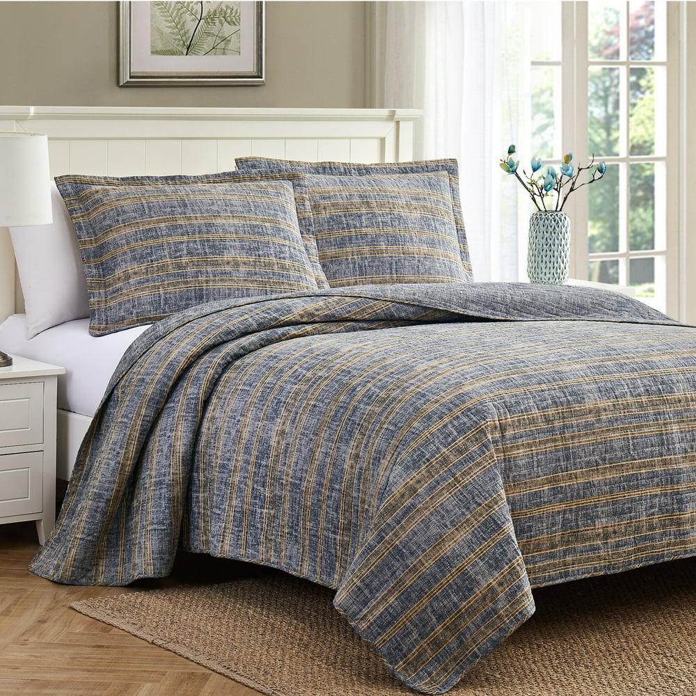 3 Piece 100 Cotton Reversible Enzyme Washed Quilt Set, Edison, King