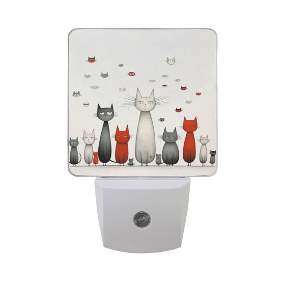 Cartoon Various Size Cats LED Night Light Dusk to Dawn Sensor 2 Pack Plug-in Soft Light Nightlights for Bedroom Bathroom Nursery Hallway Kitchen