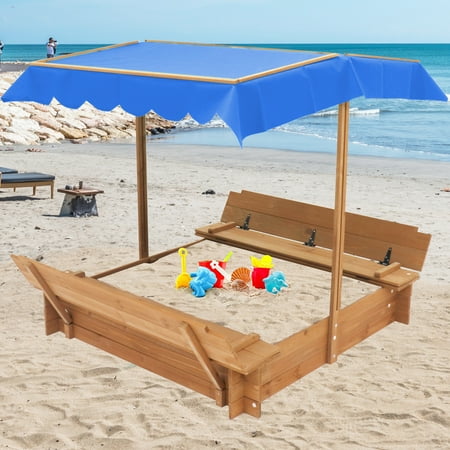 uhomepro Wooden Kids Sandbox with Adjustable Height and UV-Resistant Canopy Shade  Sand Box Play Station for Outdoor Backyard Toys  3-10 Years Old Boys Girls Gift  Blue