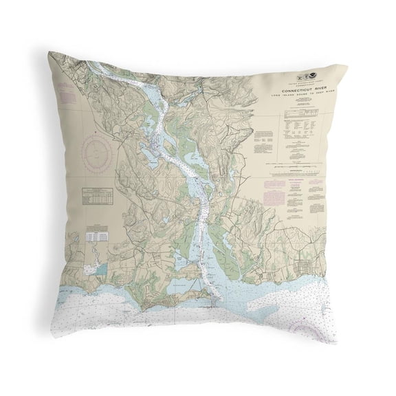 Betsy Drake Interiors Connecticut River, CT Nautical Map Noncorded Indoor/Outdoor Pillow 12x12