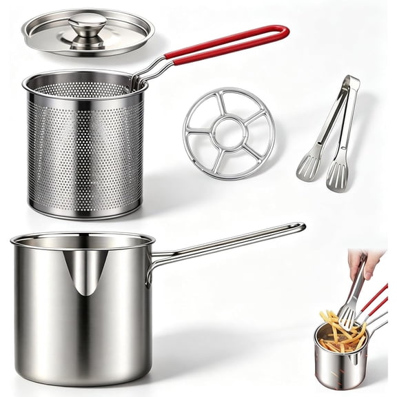 401 Stainlesss Teel potwithlift-Outdrainingbasket, Five Piece Set | Personal Mini Deep Fryer Set – 1.2lPortable Stainless Steel Pot with Lift-Out Draining Basket & Food Tongs