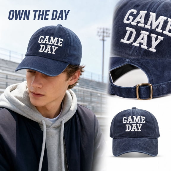 Game Day Hat for Men and Women with Embroidered Lettering and Adjustable Baseball Cap Design for Casual Sports Wear Style