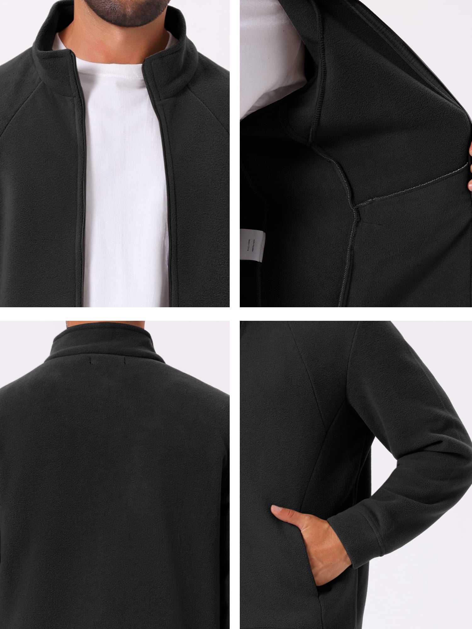 DARING DIVA Men's Winter Solid Stand Collar Zipper Soft Fleece Jacket M Black