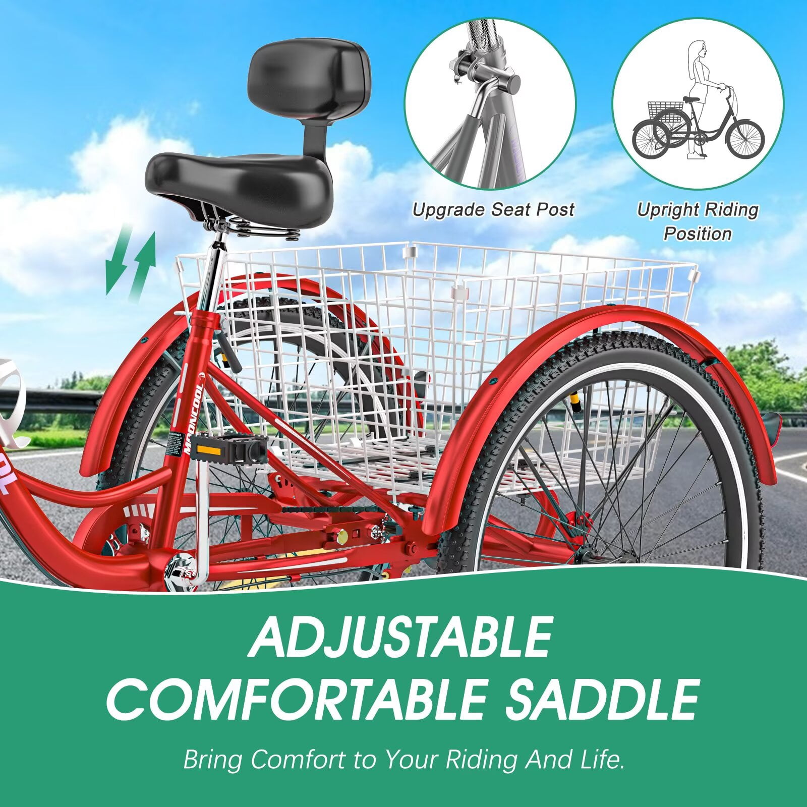Lilypelle Adult Tricycles 7 Speed 24Inch Three Wheel Bike Cruiser Trike with Low-Step Through Frame/Large Front & Rear Basket for Men, Women, Seniors