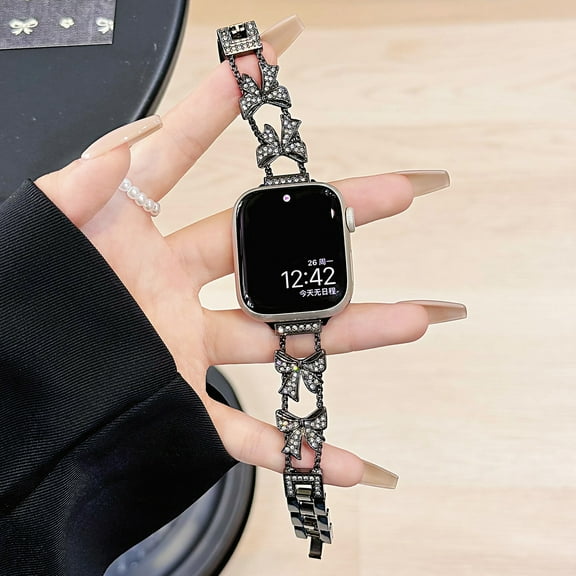 Dwitch Elegant Bling Bow Bracelet Metal Watch Band Compatible with Apple Watch Series Ultra 10 9 8 7 6 SE 5 4 3 2 1, Stylish Sparkling Metal Strap with Rhinestones for Women Girls Wristband,Black