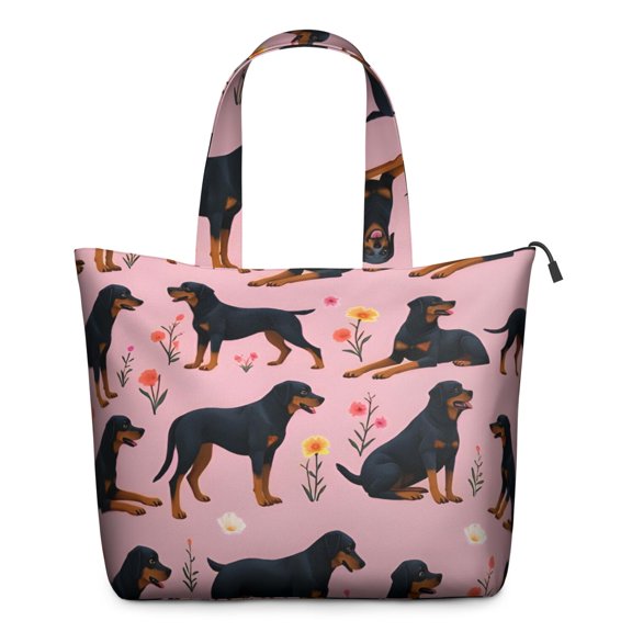 Rottweiler Dogs with Pioneer Flower Travel Tote Bags for Women Carry On,Large Weekender Bags for Women Travel,Multi Functional Duffle Bag for Work,Shopping,Sports