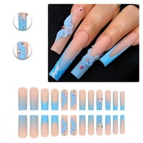 RAGUPEL 24Pcs Glue on Nails for Women,Embossed Flower Pattern French Nails,Blue Sequins Press on Nails Square,Long Nails for Photography,Stage and Red Carpet,Style2