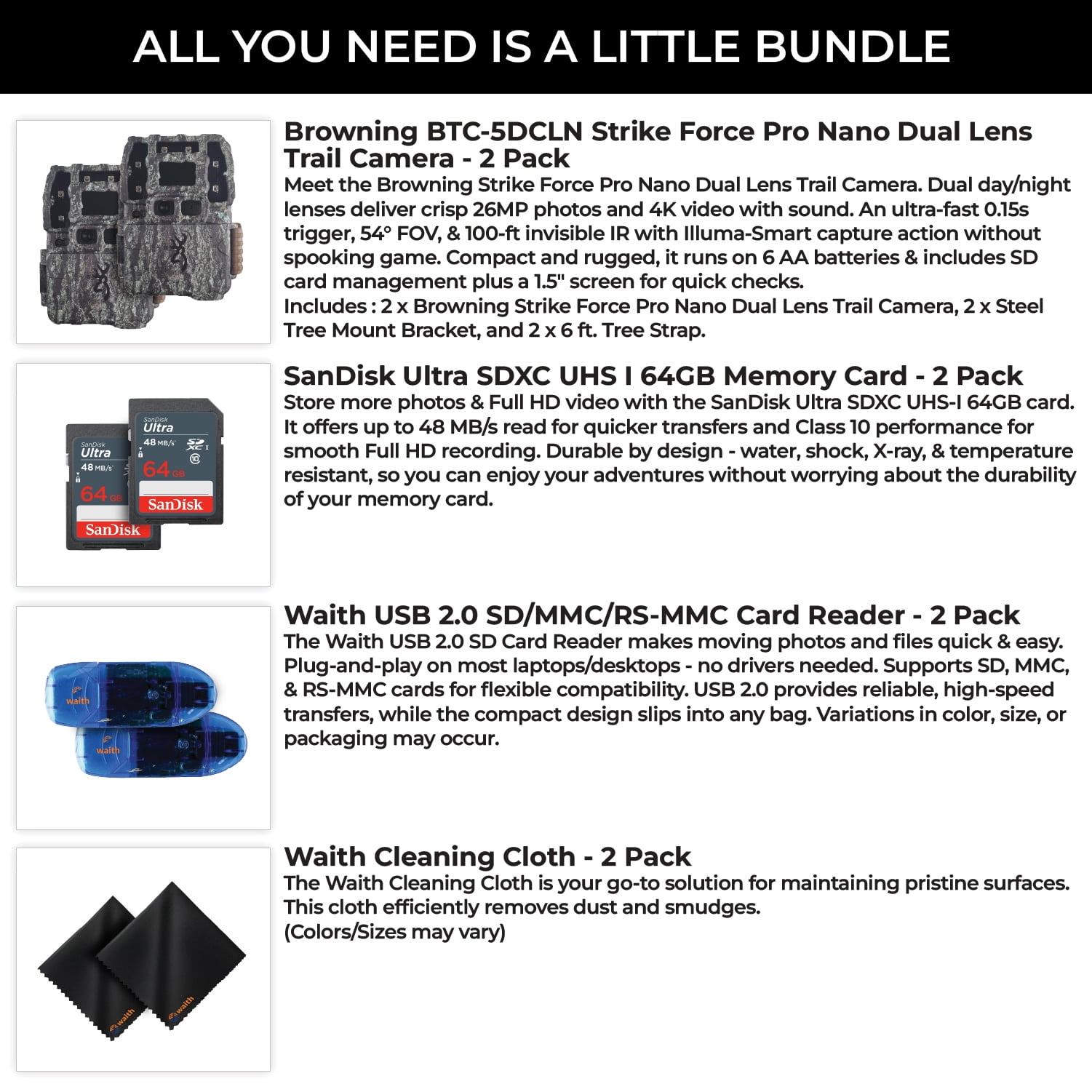 Browning Trail Cameras Strike Force Pro DCL Nano - 26MP 4K Dual Lens Technology Camera with USB 2.0 SD Card Reader, 64GB Ultra SDXC UHS I Memory Card & Cleaning Cloth - Pack of 2 Bundle Kit