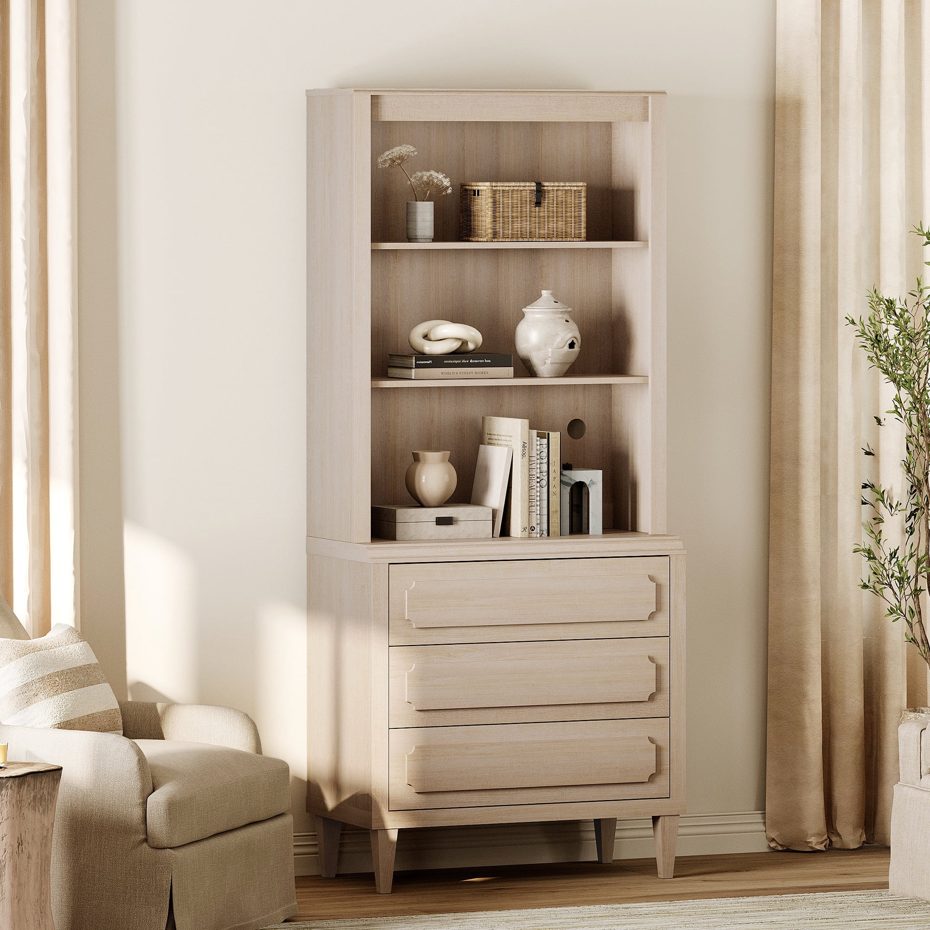 Tall Bookshelf with Drawers, 72.8 Inch Vintage Wood Bookcase with Storage