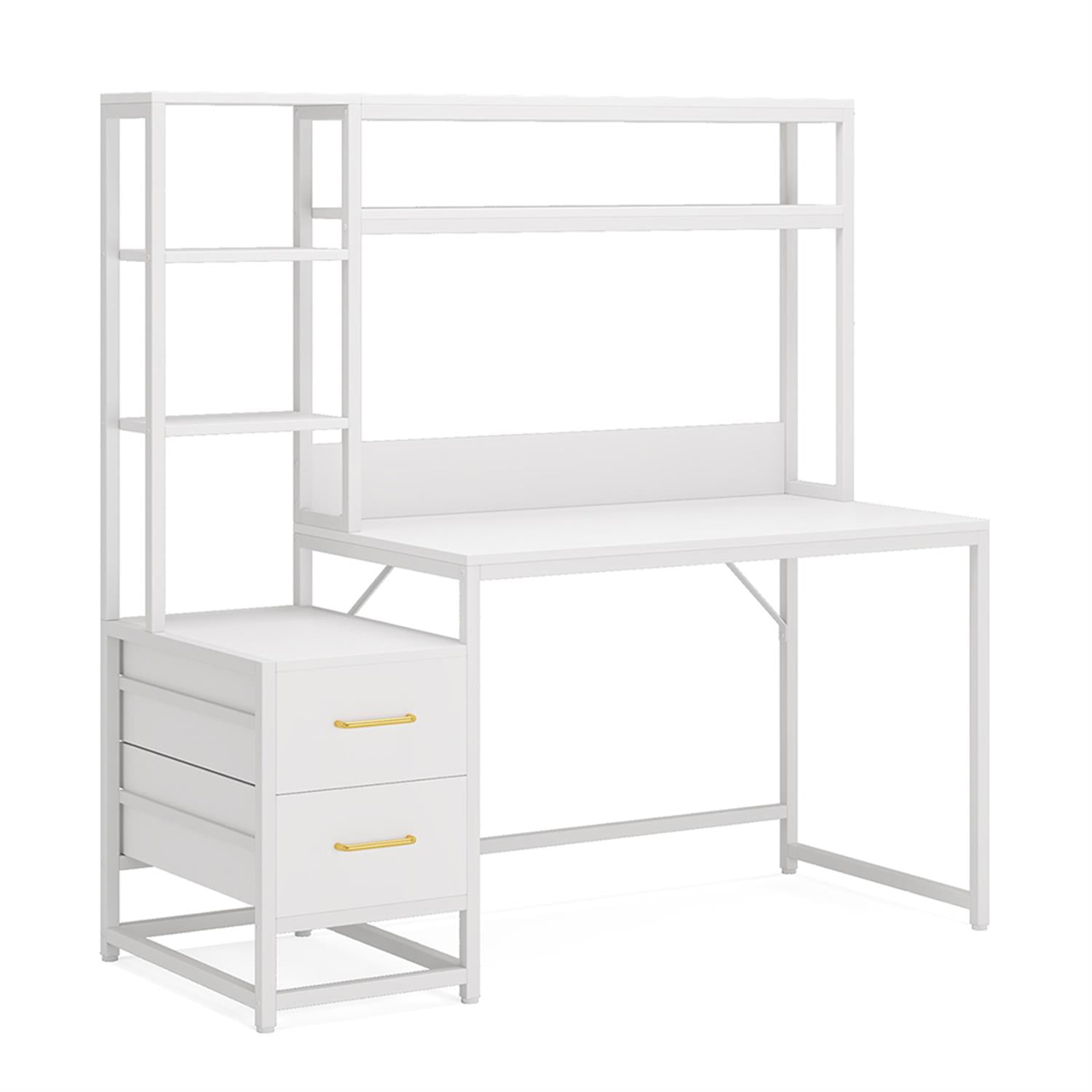 Demi Bonn 60" Computer Desk with 2 Drawers and Storage Shelves, Reversible L-Shaped Gaming Desk, Work Desk for Home Office, Study, Living Room, White