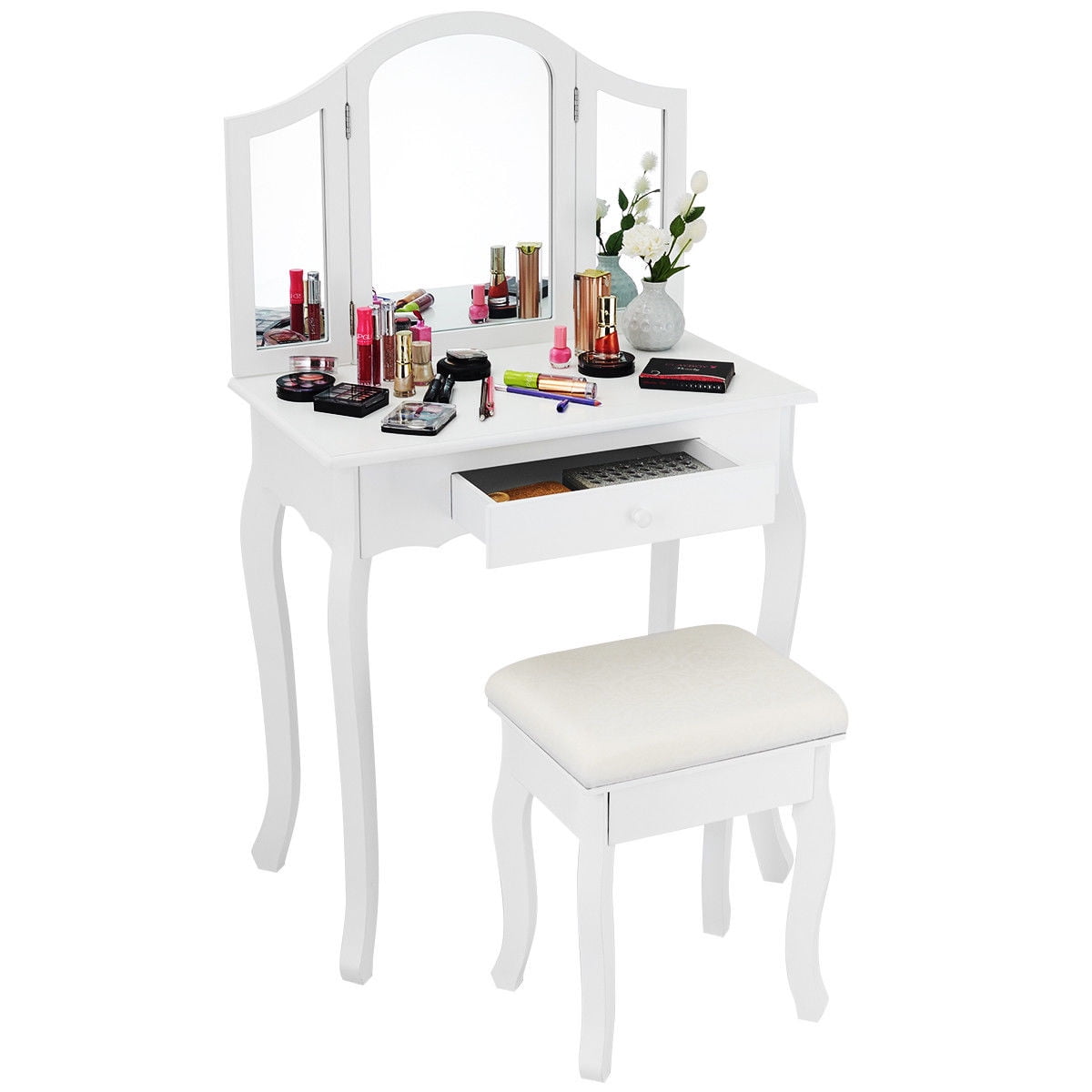 Costway White Tri Folding Mirror Vanity Makeup Table Set Bathroom W Stool Drawers
