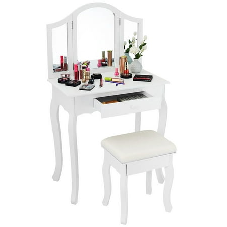 Costway White Tri Folding Mirror Vanity Makeup Table Set bathroom W/Stool &