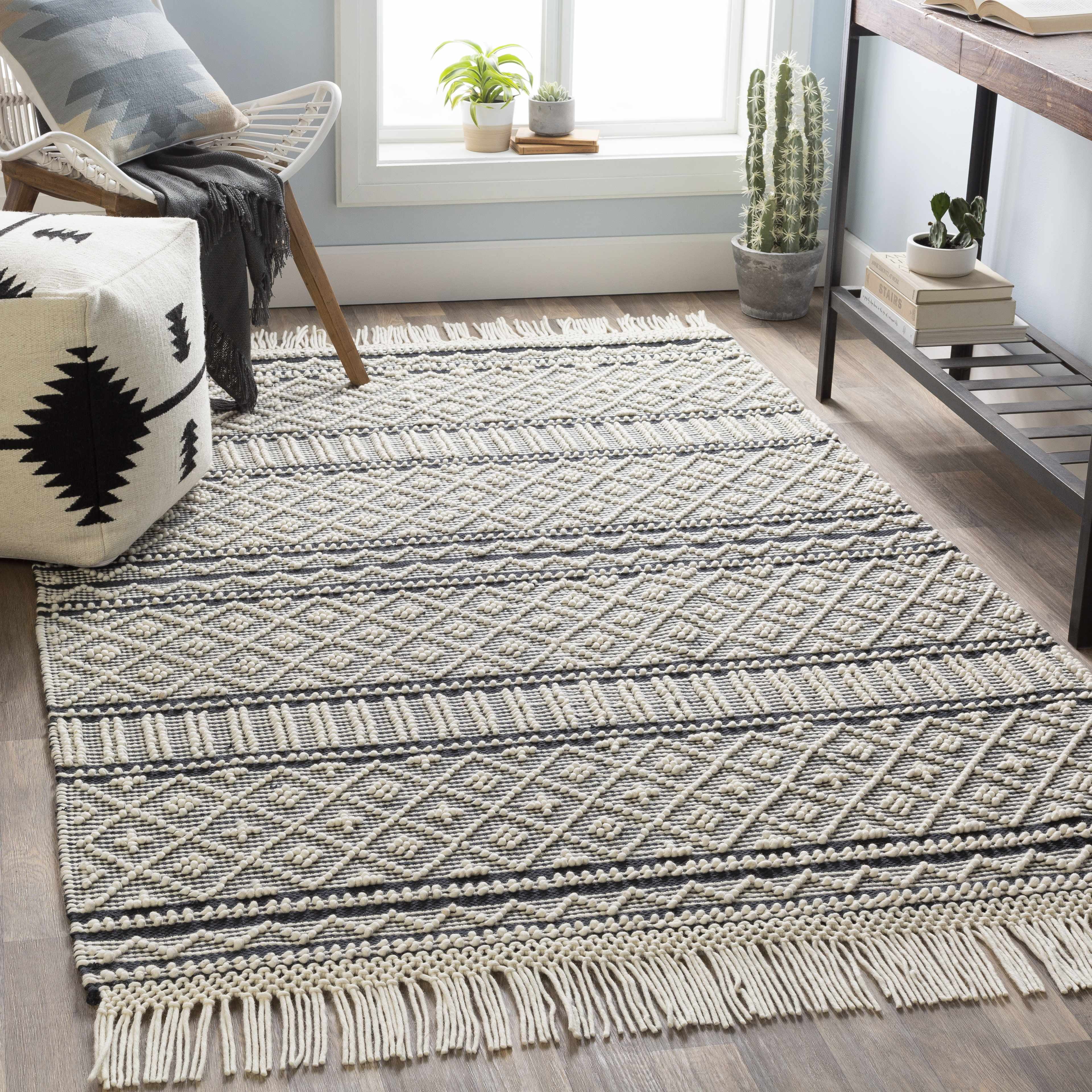 Hauteloom Leon Boho Moroccan Farmhouse Living Room Bedroom Wool Area Rug - Trellis Handmade Bohemian Carpet - Black, White - 8' x 10'