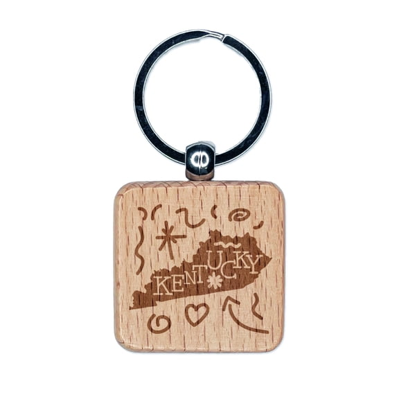 Kentucky State with Text Swirls Square Keychain Charm Tag - Engraved Wood