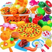 DigHeath Pretend Play Food Set,Kitchen Cutting Toys,BPA Free Plastic Fruits & Vegetables for Kids with Realistic Basket,Knife and Chopping Board,Best Children Educational Play Set