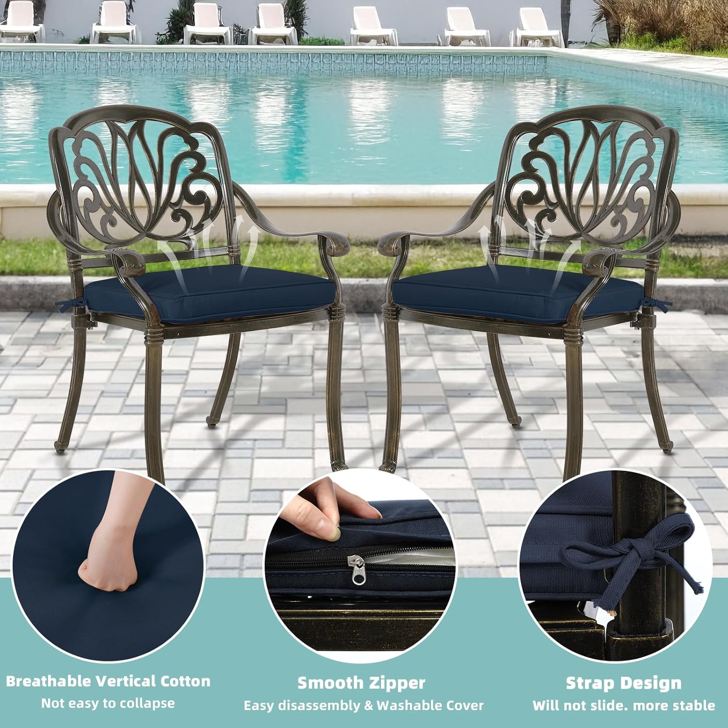 MEETWARM 5 Piece Outdoor Furniture Patio Dining Set, All-Weather Cast Aluminum Patio Table and Chairs Set- 4 Cushioned Chairs, 1 Round Dining Table with Umbrella Hole for Backyard, Navy Blue