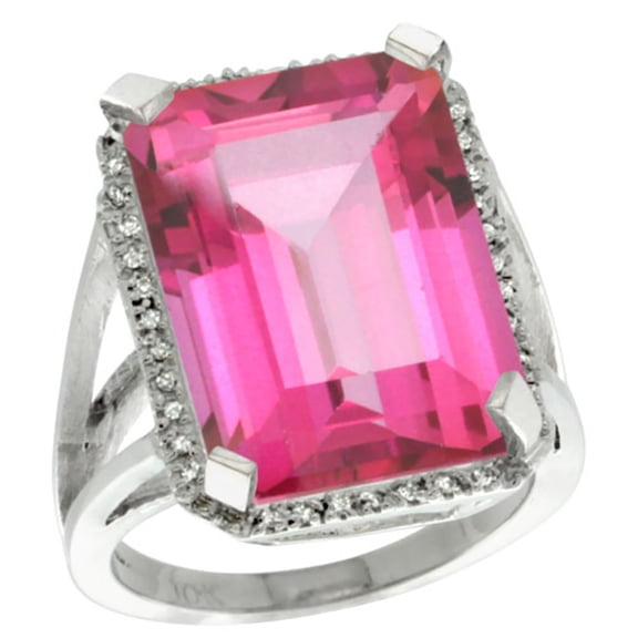 14K White Gold Diamond Natural Pink Topaz Ring Emerald-cut 18x13mm, size 6.5
