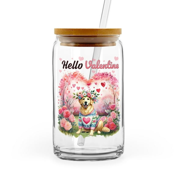 Hello Valentine’s Day Golden Retriever Flower Crown Romantic Pink Floral 16oz Glass Cup Mug Goldens Dog Lover Gifts Idea Glass Can with Bamboo Lid and Straw - 00031