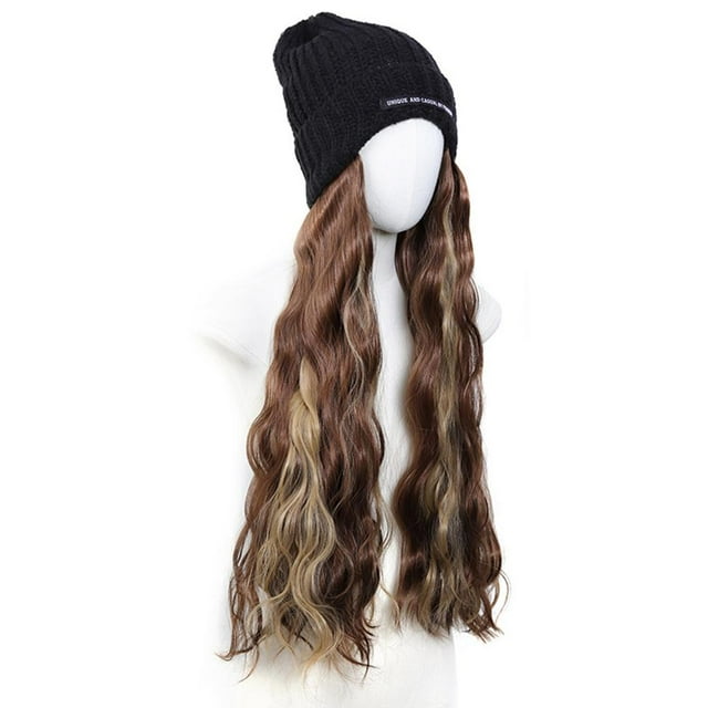 SharkTRUE Bonnet Synthétique Ondulé Long avec Perruques et Pompon Tricoté