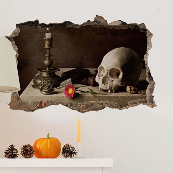 Adhesivos de pared para Halloween, 3D, diseño de calavera con velas rotas