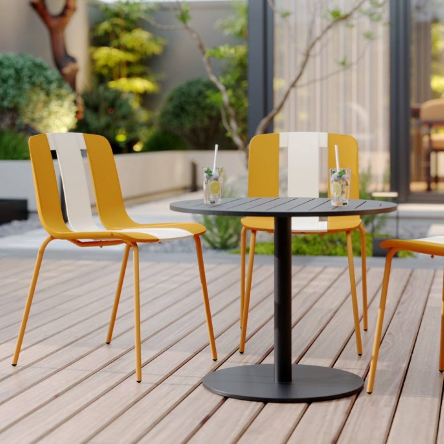 Stackable Plastic Chairs Set of 4 for Indoor and Outdoor Use, Heavy-Duty Design with Sturdy Metal Legs and Anti-Slip Feet in a White, Orange and Beige Color Block, Supports 330 lbs