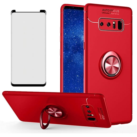 Phone Case for Samsung Galaxy Note 8 and Tempered Glass Screen Protector Cover Ring Holder Kickstand Cell Accessories Silicone Slim Soft TPU Glaxay Note8 Not S8 Galaxies Gaxaly Women Men Red
