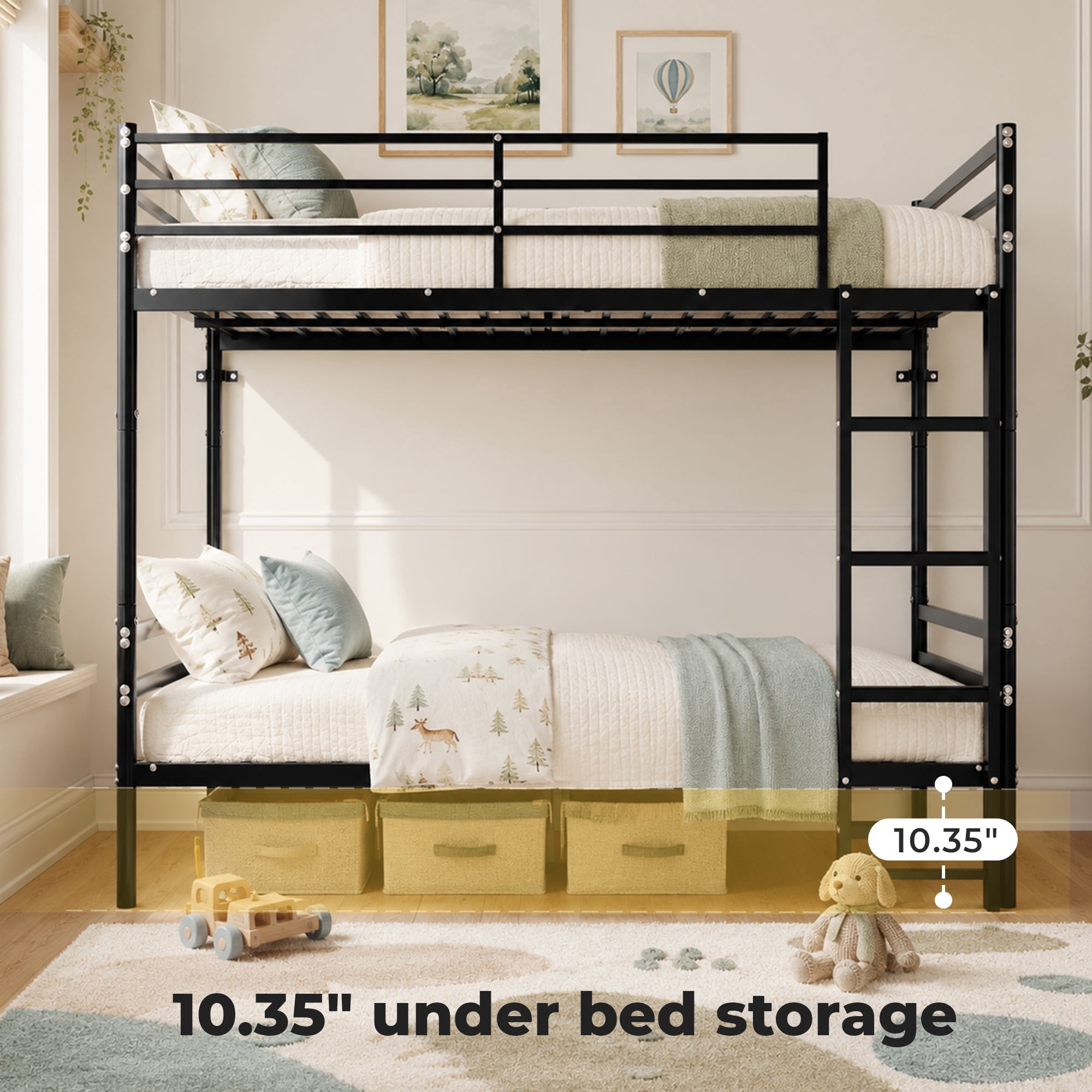 Alvantor Bunk Bed Twin over Twin, Metal Bunk Bed for Kids with Stairs and Guardrail, Converted Into 2 Twin Bed Black