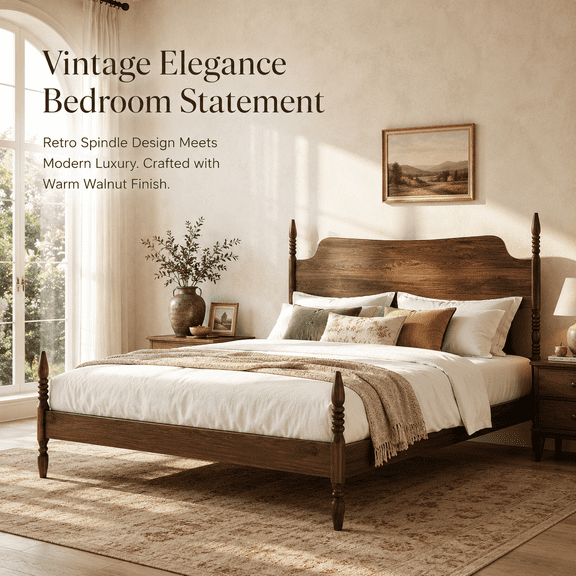 Walnut King Platform Bed Frame with Tall Headboard, No Box Spring Needed