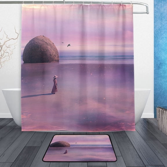 Bath Curtain & Non-Slip Bath Mat Set 12-Grommet Shower Curtain Memory Foam Bath Rug Pink Dream Scene