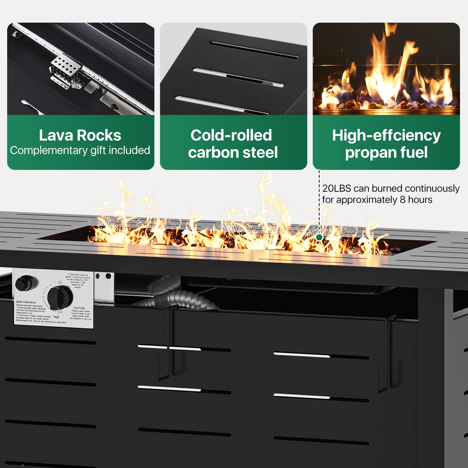 Clouddwell 40" Black Propane Fire Pit Table, 50,000 BTU Outdoor Gas Firepit with Lava Rocks, Removable Lid & Waterproof Cover for Patio Black