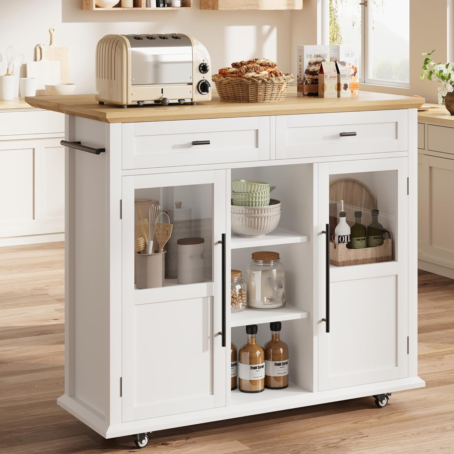 Foldable Kitchen Island Cart with Wheels, 2 Glass Doors, Home Kitchen Spice Rack & Towel Holder – Compact Mobile Storage Cart for Small Kitchens, Dining Rooms, Camping & RVs