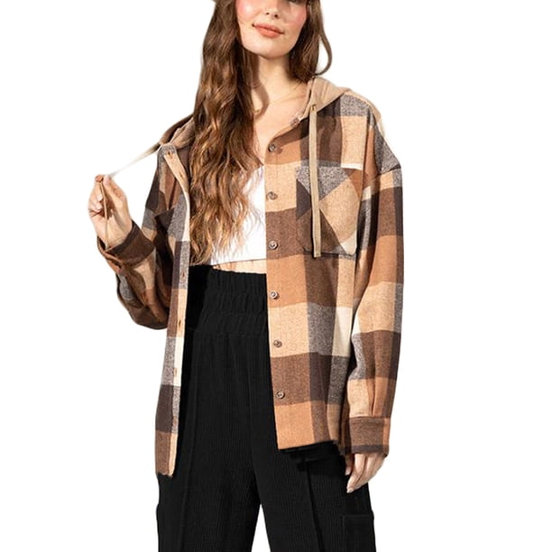 Txlixc Chaqueta a cuadros para mujeres, chaqueta de botón con capucha de manga larga, chaqueta de calle casual Txlixc moda