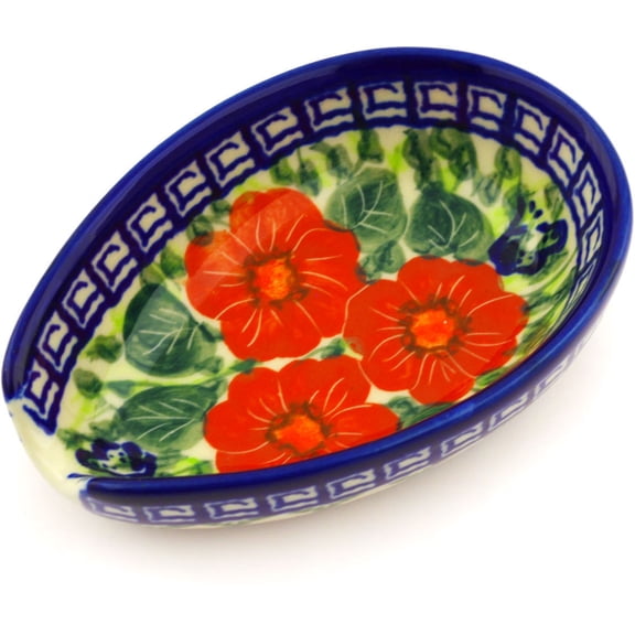 Polish Pottery 5-inch Spoon Rest (Happiness Theme) Signature UNIKAT Hand Painted in Boleslawiec, Poland   Certificate of Authenticity