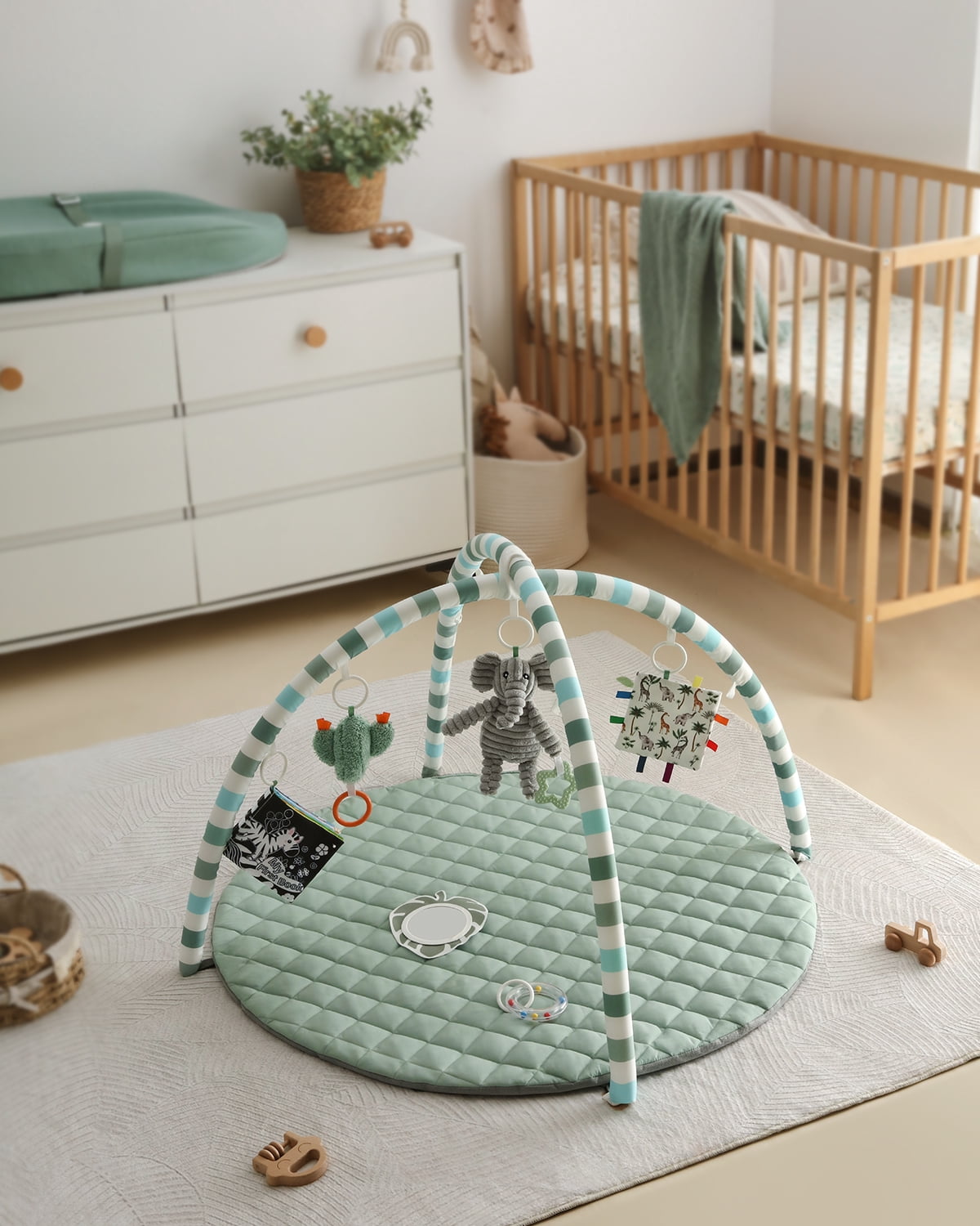 Blissful Diary Baby Play Gym Activity Mat, Tummy Time Mat Play Mat with 6 Sensory Toys for Motor Skill Development, Newborn Infant Baby Essentials Gift for Boys Girls, Sage Green