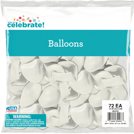 Way to Celebrate Latex Balloons 12" White, 72 Count Bag