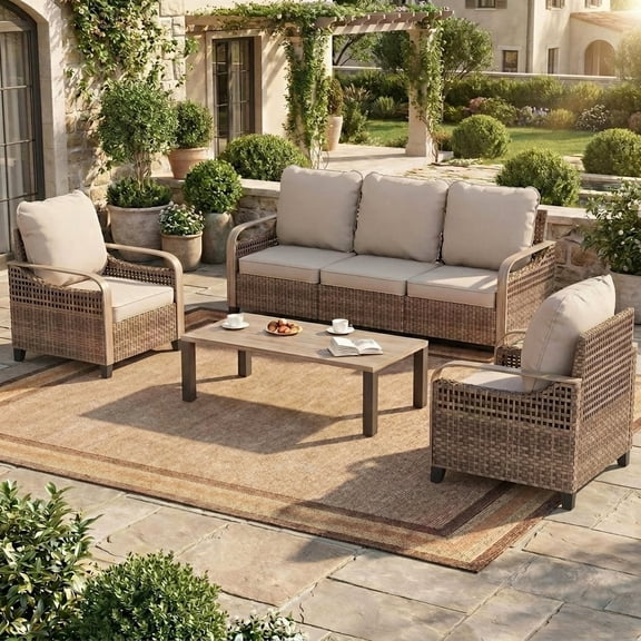 Poteban Outdoor Patio All Weather Wicker Furniture Sets,with Coffee Table, Conversation Sets and Ottoman,for Pool, Backyard, Garden, 4 Pieces