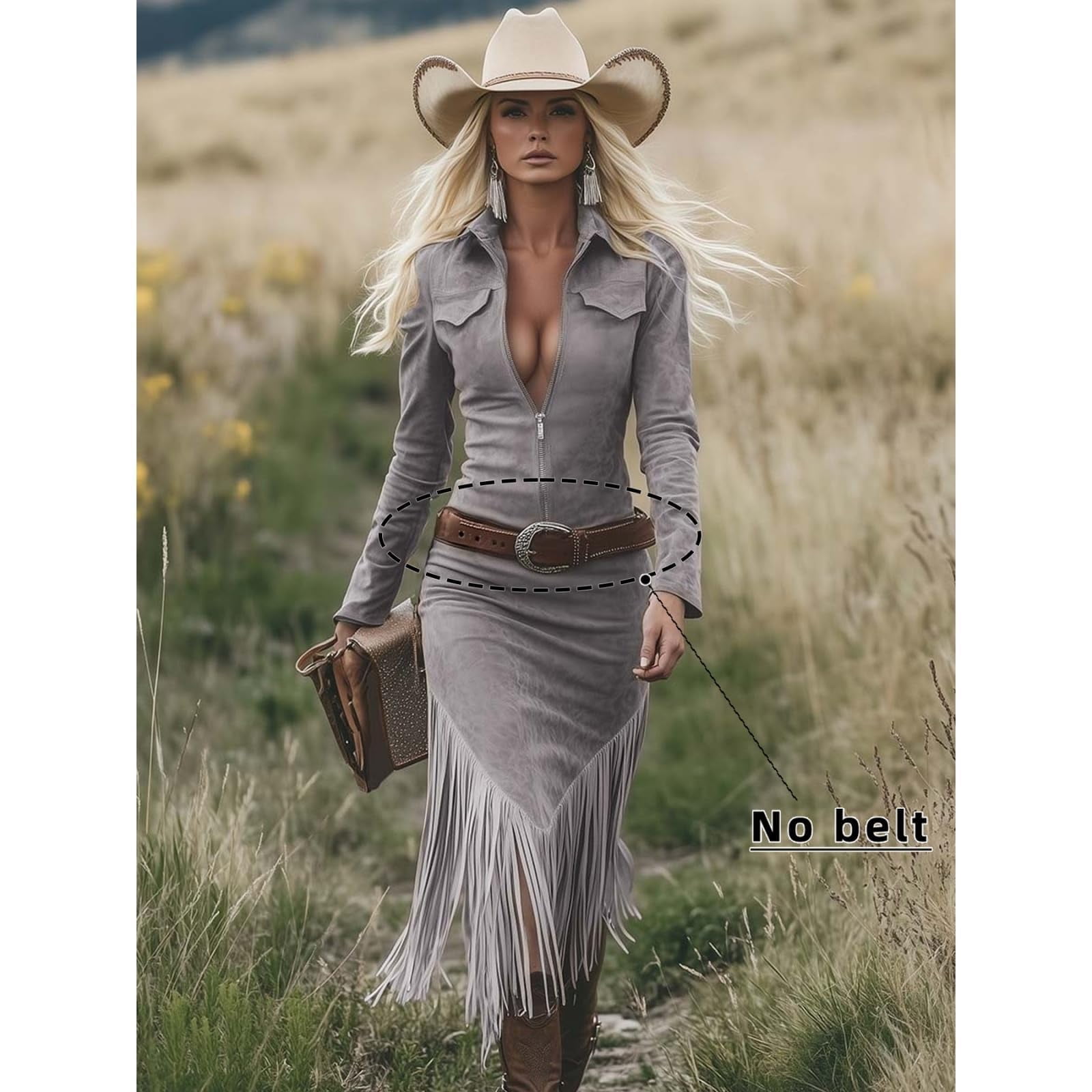 Women's Western Cowgirl Suede Dress Vintage Long Sleeve Slim Fit Fringe Dress Zip Collared Vacation Outfits without Belt