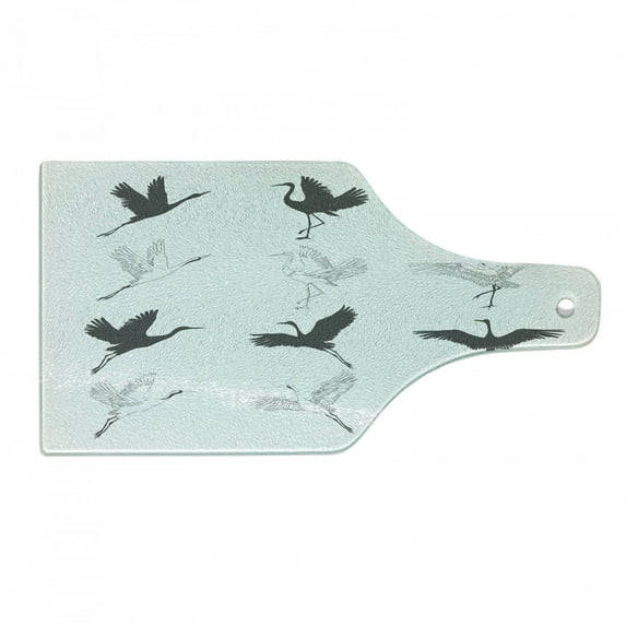 Crane Cutting Board, Greyscale Bird Drawings from Different Sides Outline and Silhouette Pattern Print, Decorative Tempered Glass Cutting and Serving Board, in 3 Sizes, by Ambesonne