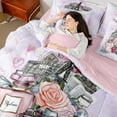 thumbnail image 4 of Castle Fairy Romantic Floral Rose Bedding Comforter Set 7 Pieces for Kids Teens,Paris Eiffel Tower Full Bedding Set Lightweight,Purple Marbling Watercolor Fitted Sheet Flat Sheet, 4 of 8