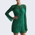 thumbnail image 4 of Women Elegant Long Sleeve Round Neck Sheer Sequin Mini Dress Solid Color Sleeveless Slip Dress 2 Piece Outfit, 4 of 5