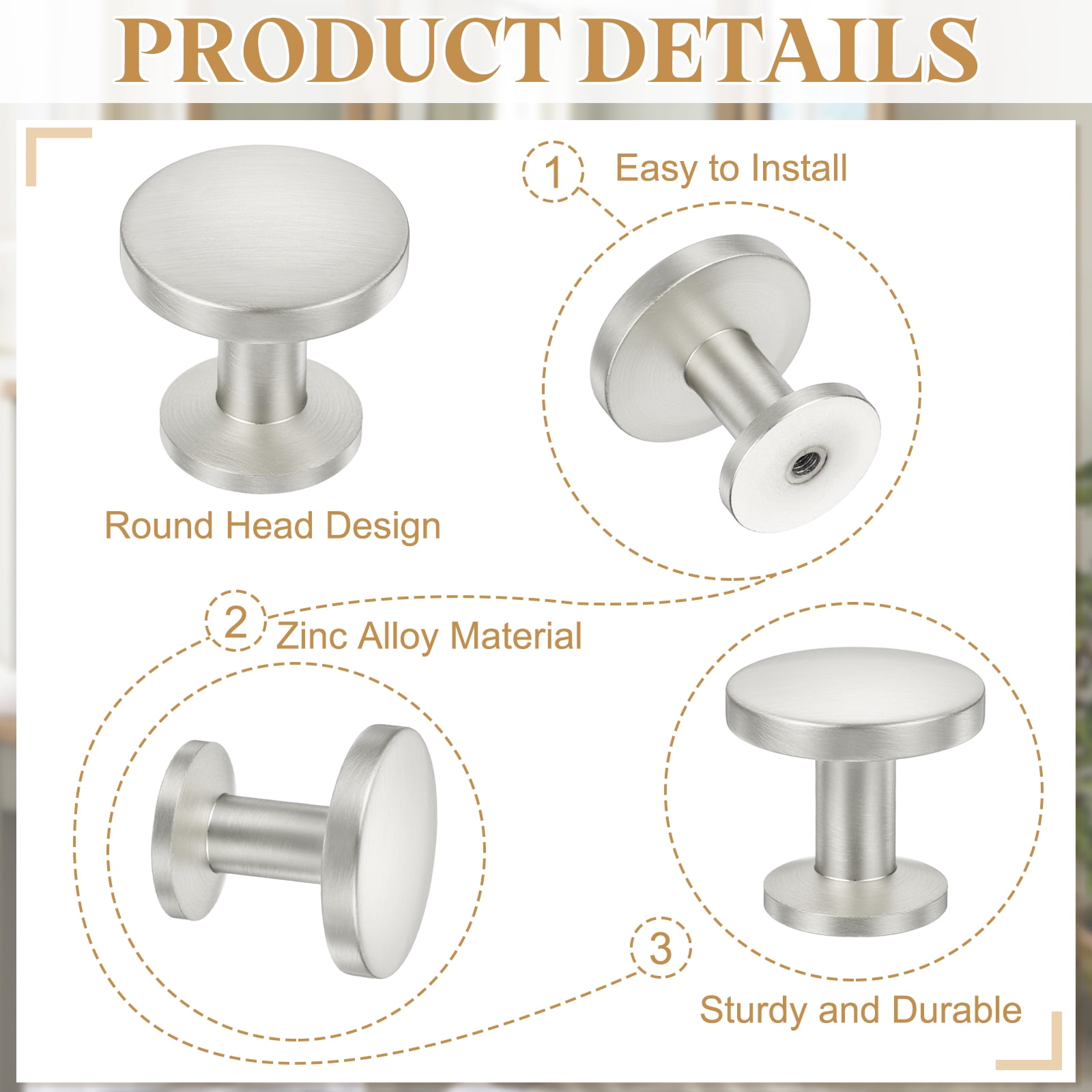 Cabinet Knobs, 10Pcs 1-1/5" (30mm) Zinc Alloy Round Solid Dresser Drawer Knobs for Modern Kitchen Cabinet Pull Handles Metal Hardware, Brushed Satin Nickel