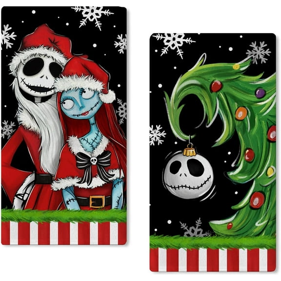 Christmas Jack Kitchen Dish Towels Set of 2, Sally Ni GHT m are BE.Fore Xmas Tree Skull Hand Towels Black Drying Baking Cooking Cloth, Funny Holiday Home Kitchen Decor 18x26 Inch