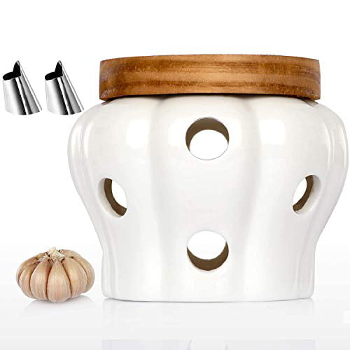Garlic Keeper Vented Ceramic Storage Container White Stoneware with Bamboo Lid