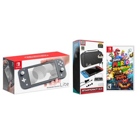 Nintendo Switch Lite Gray Bundle with Surge 11-In-1 Accessory Starter Pack and Super Mario 3D World + Bowser's Fury Game