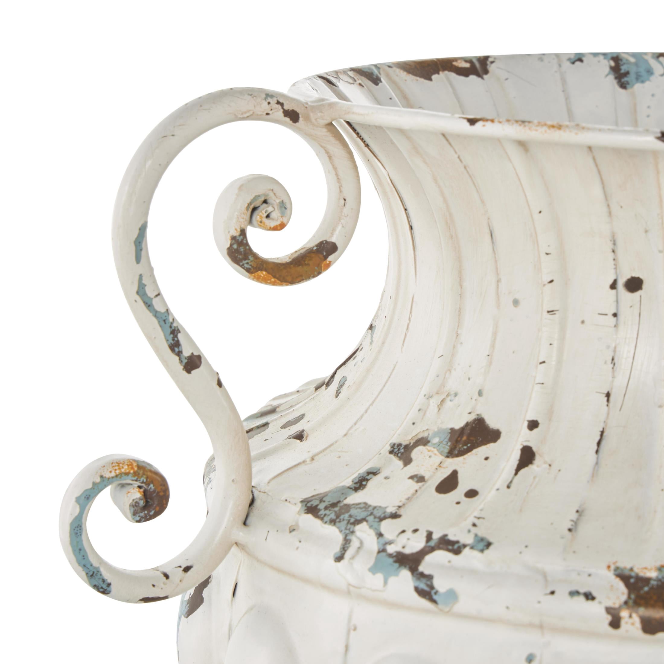 DecMode 10" Scroll Vintage Amphora Cream Metal Vase with Brown and Teal Distressing and Scroll Handles