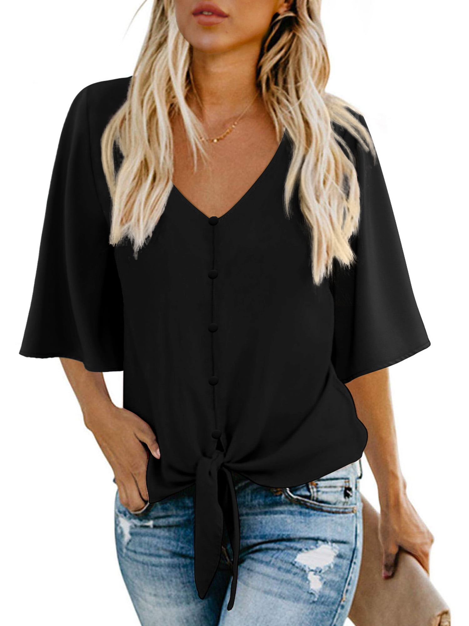 Anygrew Womens Tops 2023 Summer Blouses V Neck Batwing Sleeve Tops Tie ...